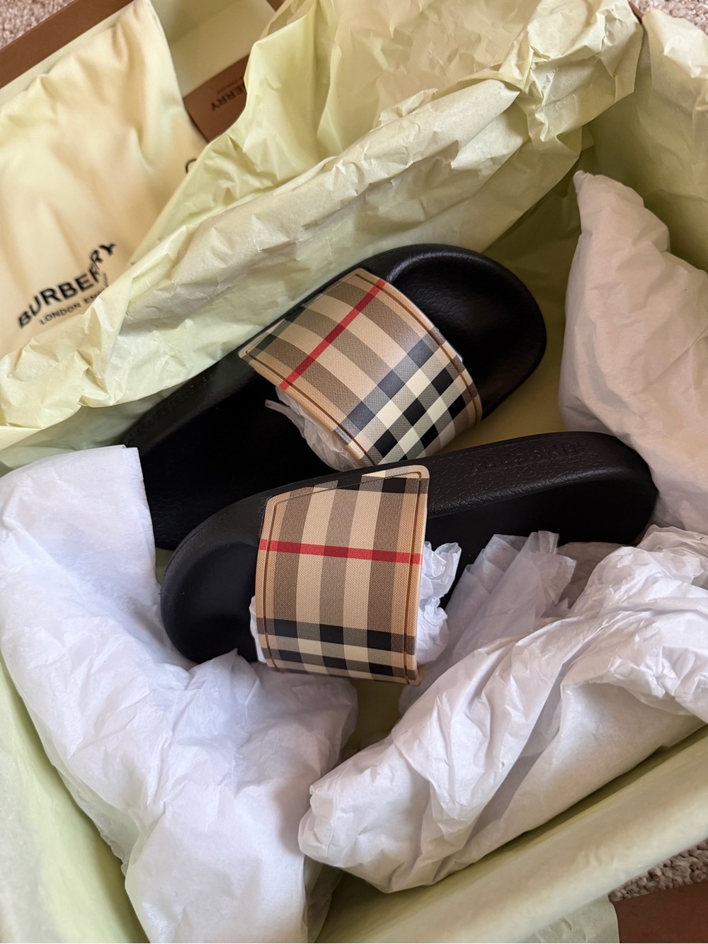 Burberry Black Slide Sandals with Vintage Beige Check Strap - Picture 2 of 5